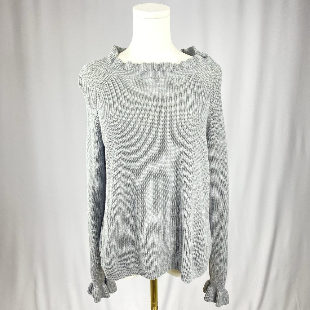 Hayden Los Angeles Ruffle Neck Sweater Womens M Gray Knit Bell Sleeve Coquette